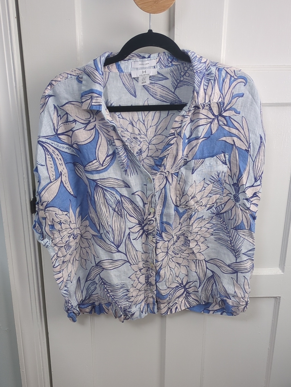 H by Halston Blue and Cream Floral Button-Down Shirt